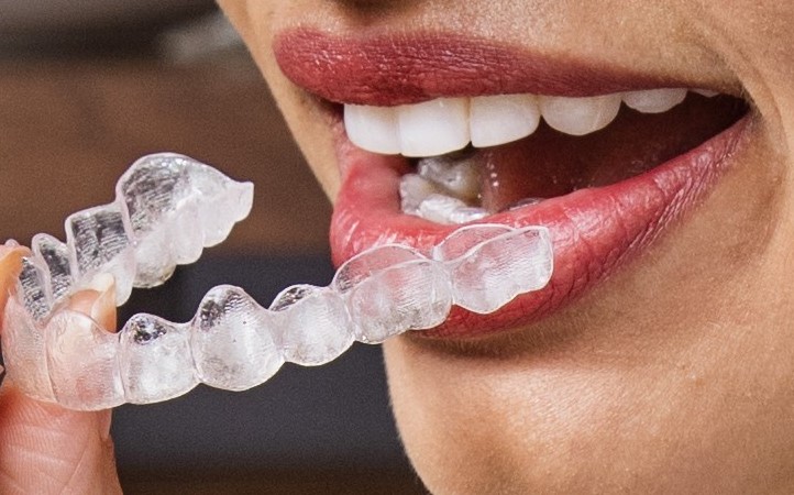 Close-up: clear aligner tray in front of the teeth